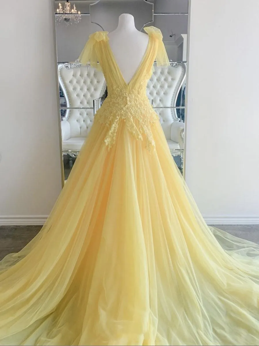 Elegant V Neck and V Back Yellow Lace Long Prom, Yellow Lace Formal Graduation Evening