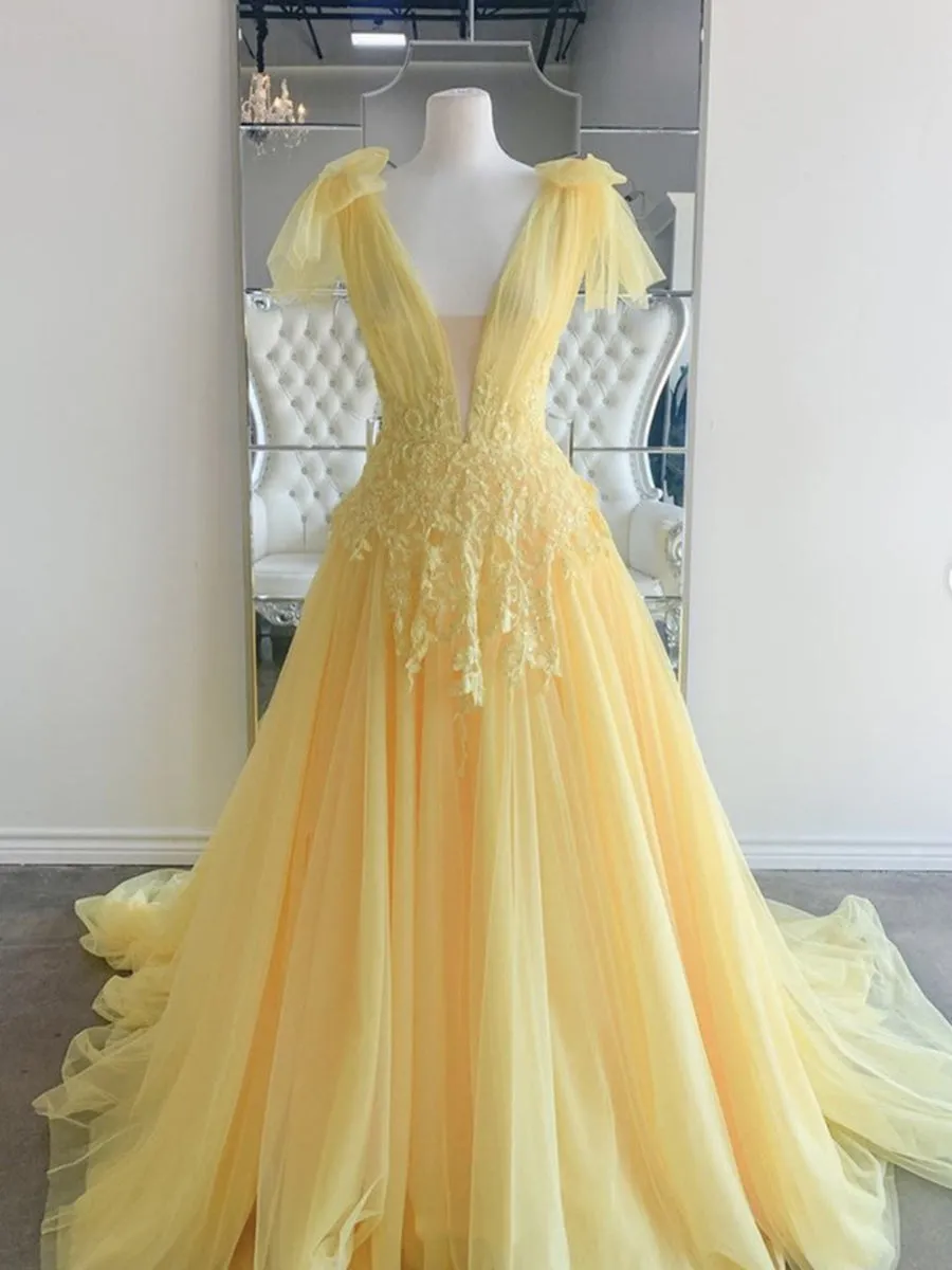 Elegant V Neck and V Back Yellow Lace Long Prom, Yellow Lace Formal Graduation Evening