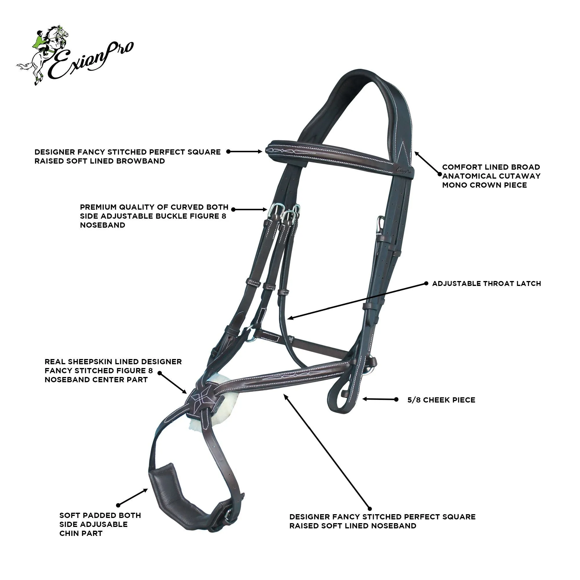 ExionPro Broad Crownpiece Designer Fully Adjustable Figure 8 Bridle with Reins