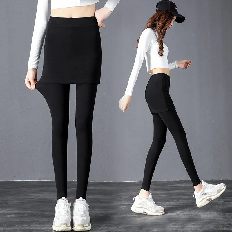 False Two-Piece Knitted Solid Colored Leggings Women Slimming Plus Size Stretchable Student Casual Pants Skorts