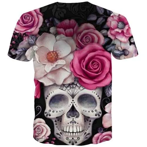 Flower T shirts Men Skull Tshirts Casual Black T-shirts Graphic Gothic Shirt Print Short Sleeve Punk Rock Men Tee Top Slim