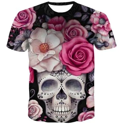 Flower T shirts Men Skull Tshirts Casual Black T-shirts Graphic Gothic Shirt Print Short Sleeve Punk Rock Men Tee Top Slim