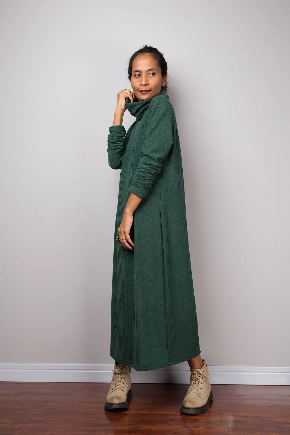 Forrest green dress, Mid length turtleneck dress, Tube dress, Long sleeve dress, knitted green dress