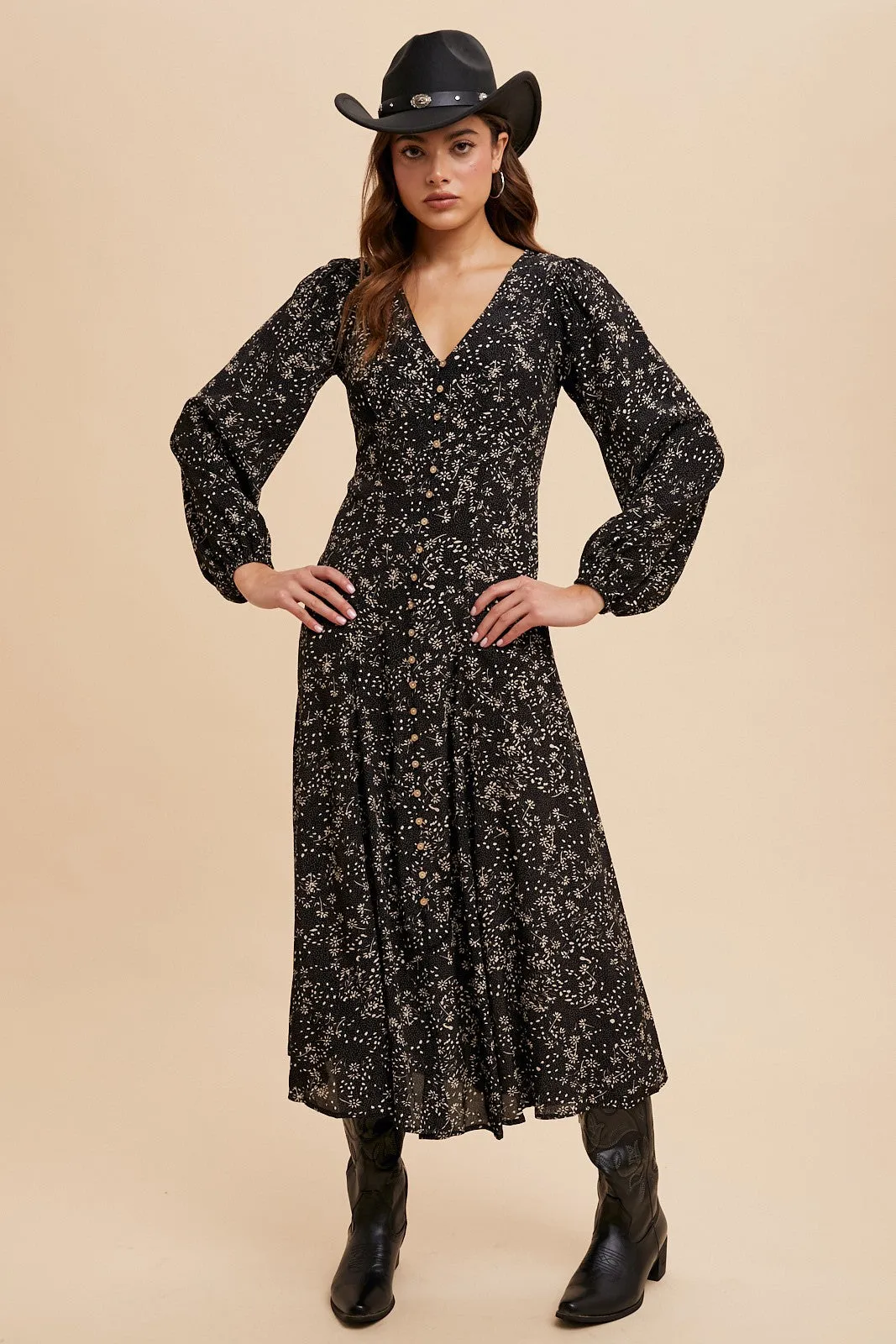 Francie Floral Button Down Maxi Dress - Black