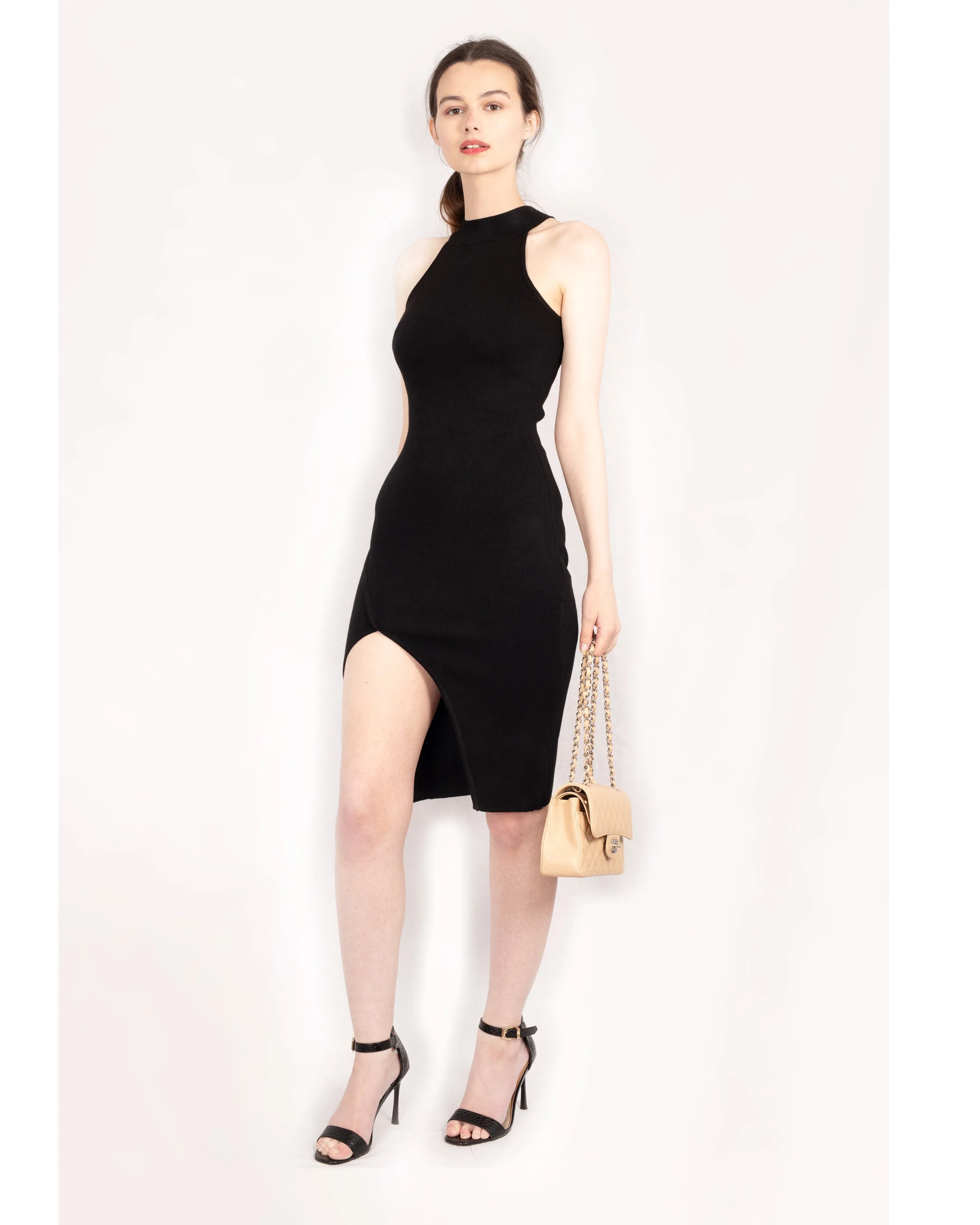 Front Open bodycon knit dress in Black