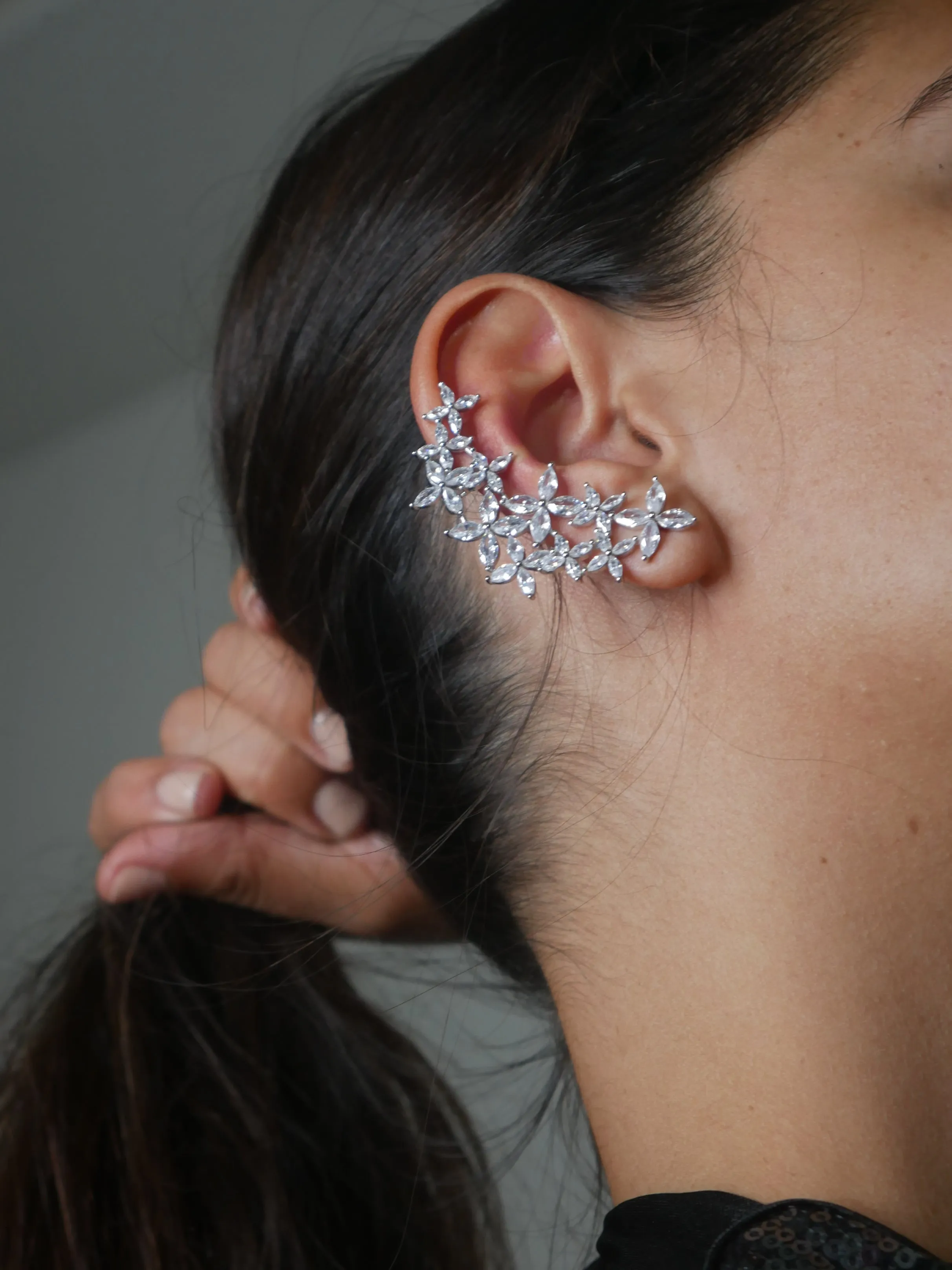 Glam Ear Cuff Earrings, .925 Sterling Silver Diamond CZ Flower Luxe Event Long Ear Cuff Earrings