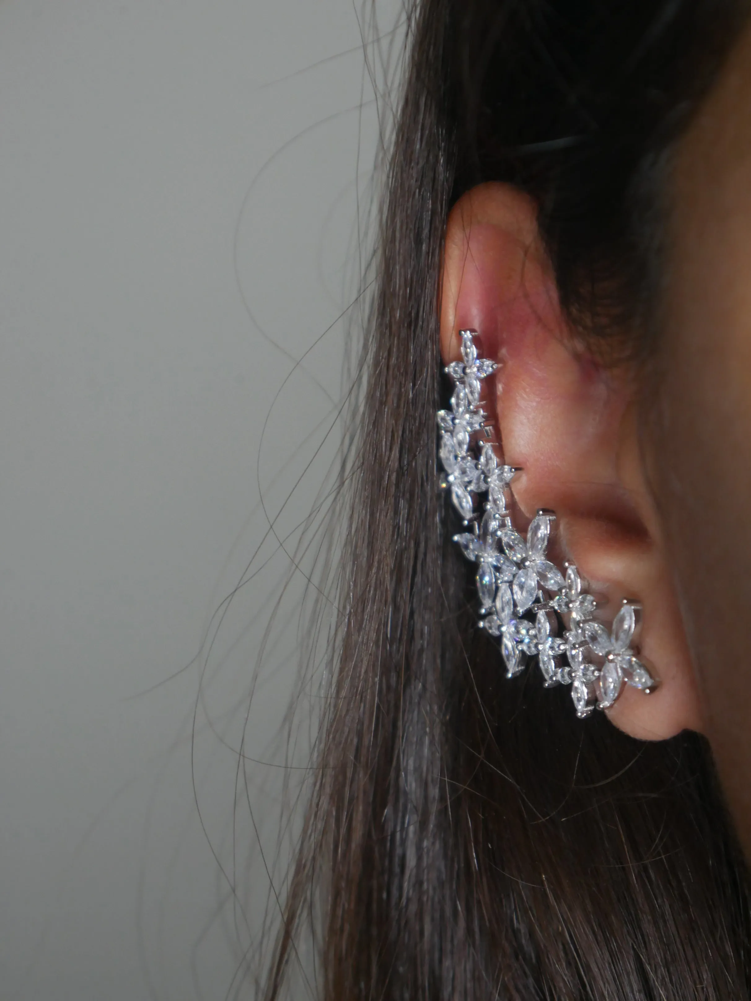 Glam Ear Cuff Earrings, .925 Sterling Silver Diamond CZ Flower Luxe Event Long Ear Cuff Earrings