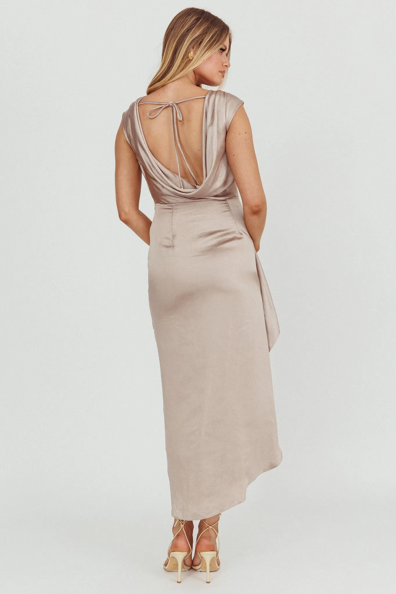 Grecian Cap Sleeve Cowl Back Dress Mocha