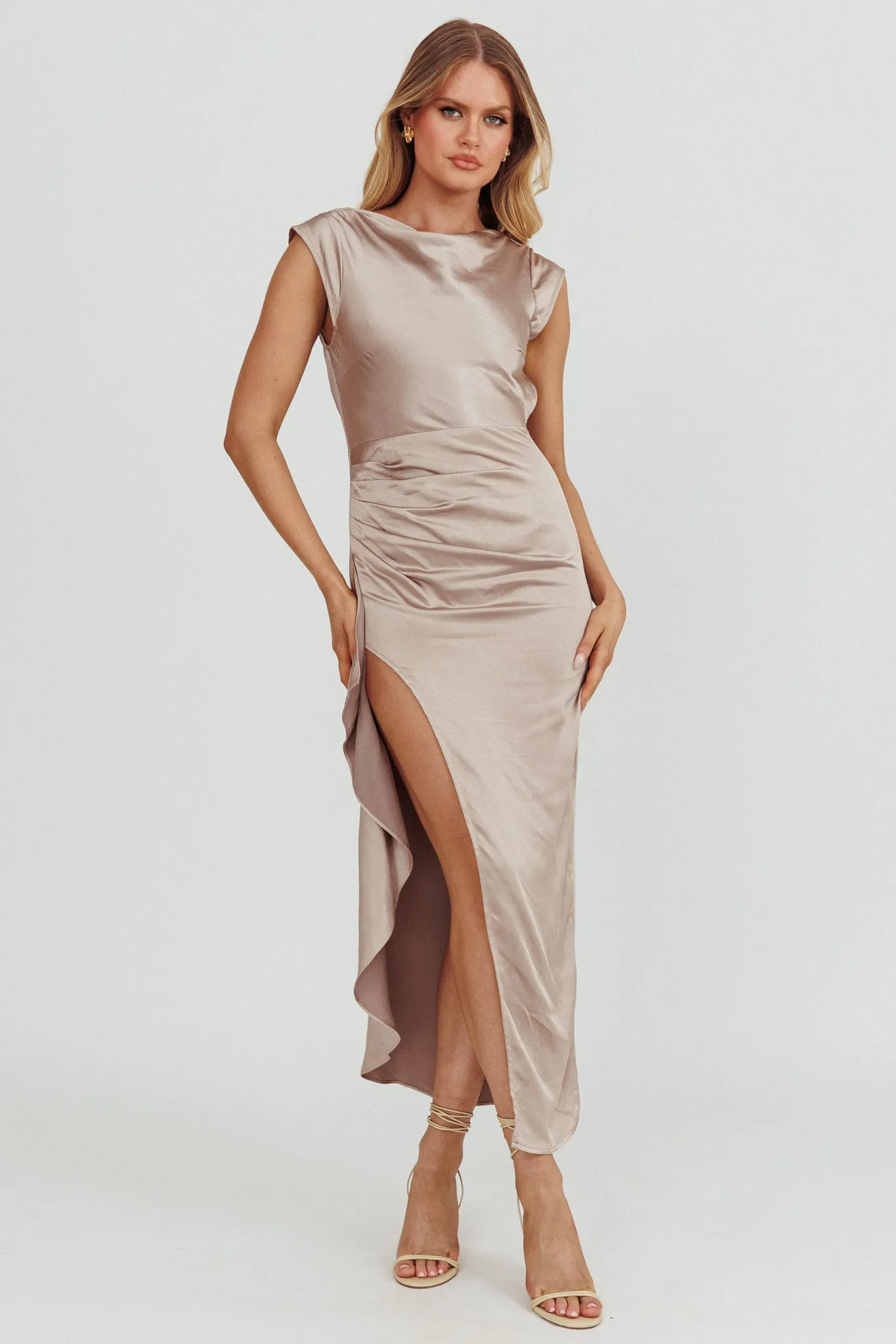 Grecian Cap Sleeve Cowl Back Dress Mocha