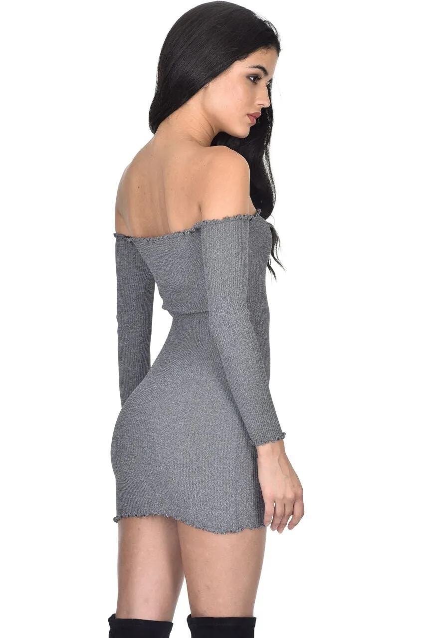 Grey Bardot Ruffle Detail Knit Dress