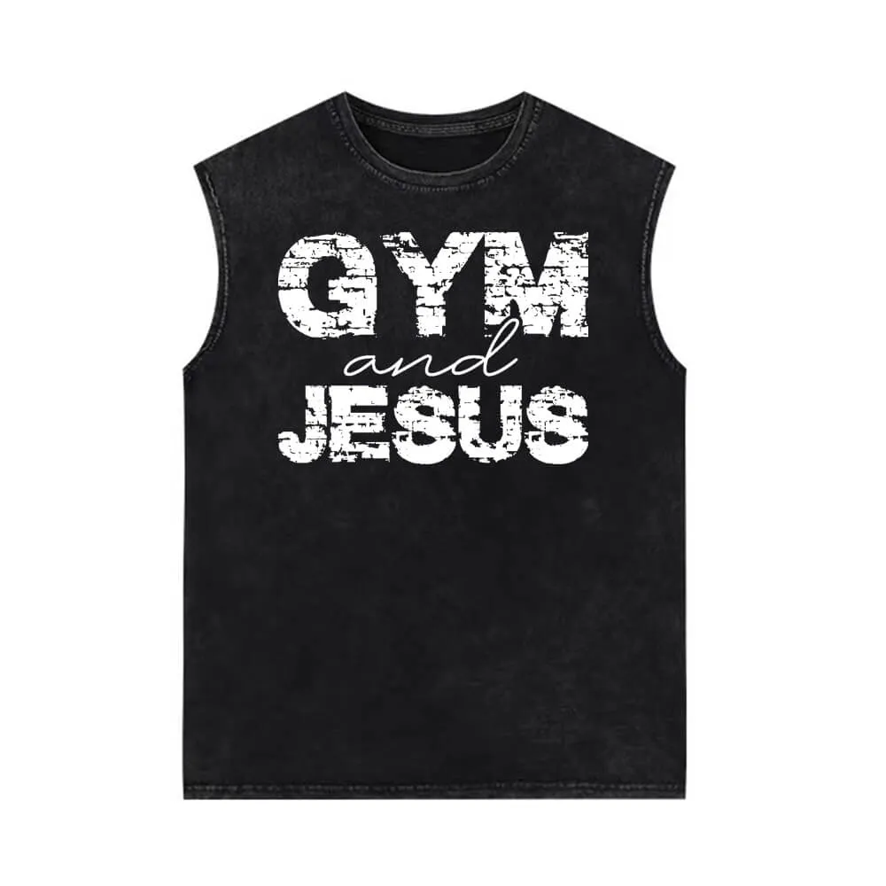 Gym And Jesus Letters Vintage Washed Vest Top