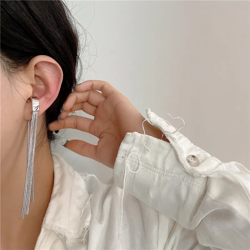 H3LL NO niche design chic Style Long Chain Tassel Earrings Women's fashionable Ear clip