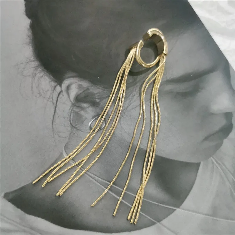 H3LL NO niche design chic Style Long Chain Tassel Earrings Women's fashionable Ear clip