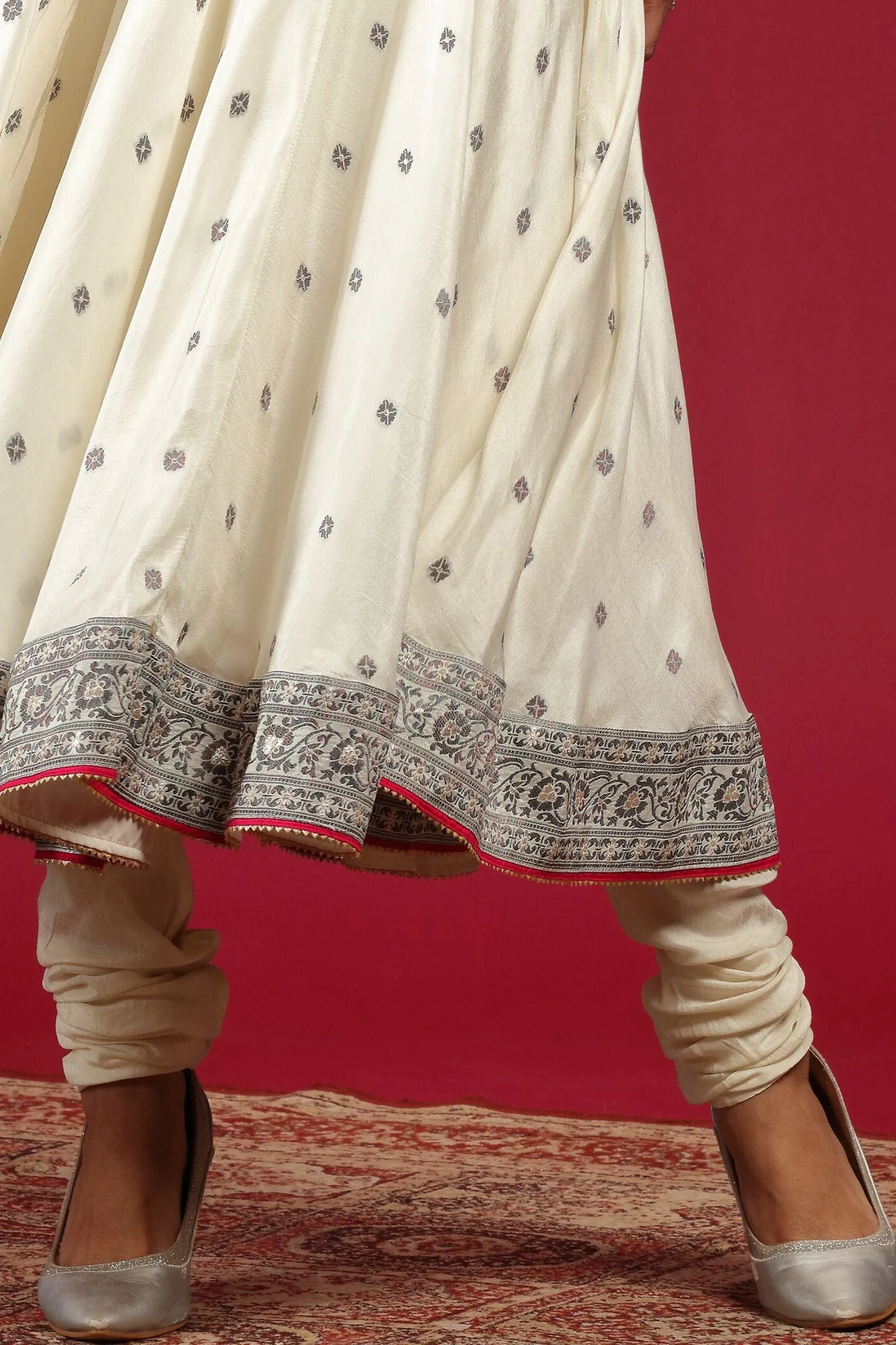 Half White Anarkali Style Salwar Suit with Overcoat and Gathering Pants