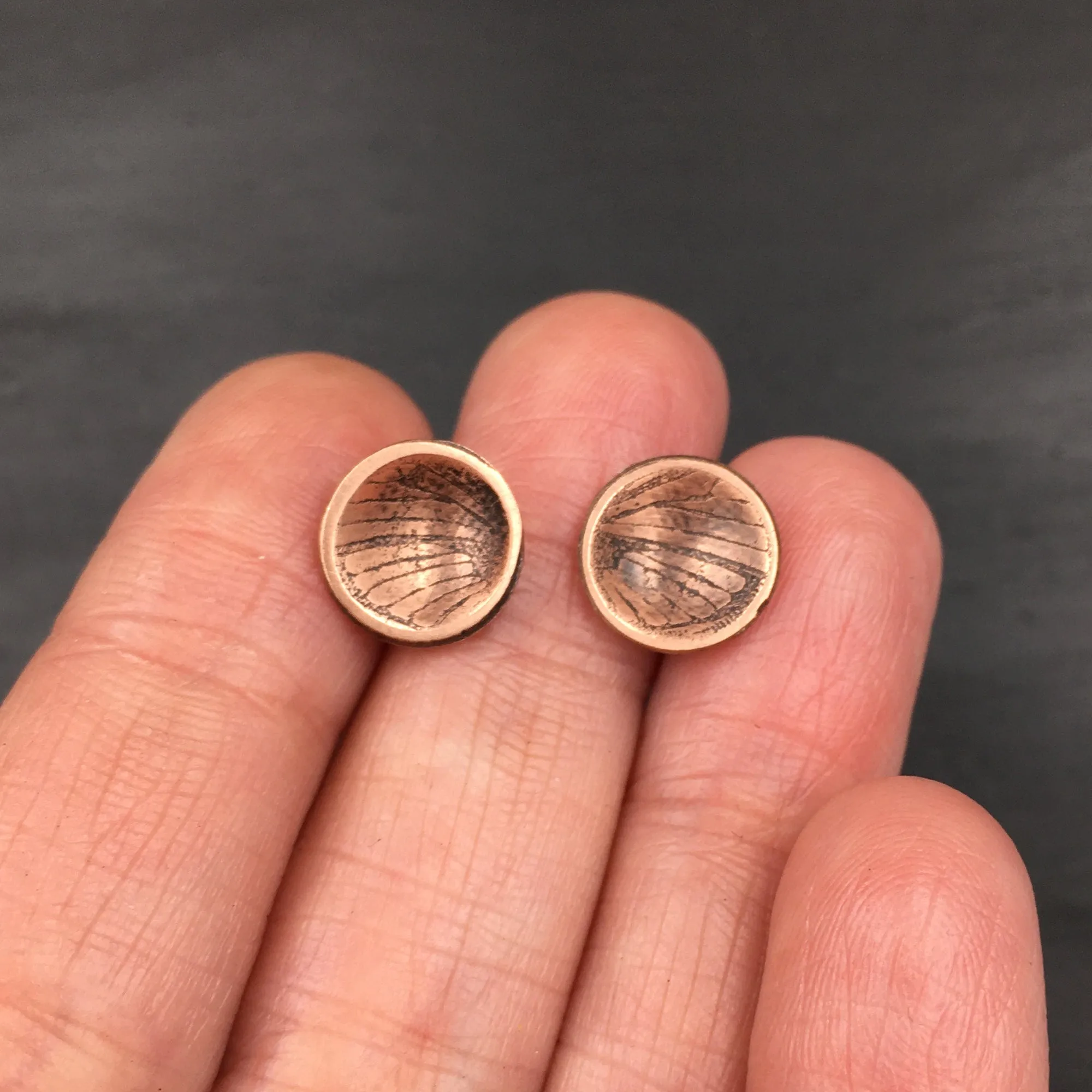 Handmade Copper & Sterling Silver Stud Earrings with Moth Insect Wing Patterns