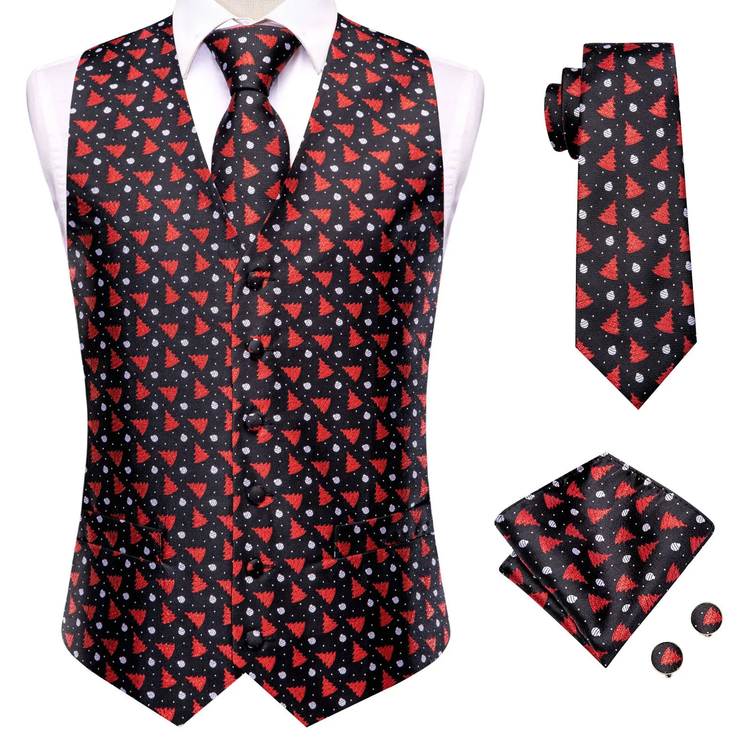 Hi-Tie Black Red Christmas Tree Men's Vest Hanky Cufflinks Tie Set