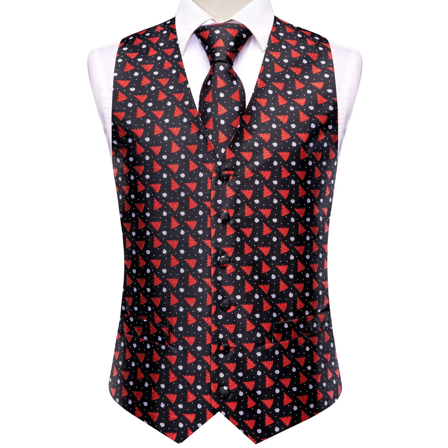 Hi-Tie Black Red Christmas Tree Men's Vest Hanky Cufflinks Tie Set