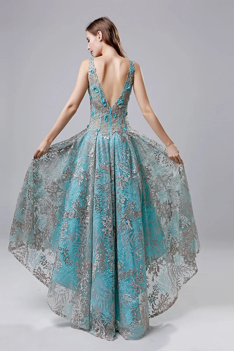 High Low Blue Floral Prom Dress Charming Party Dress