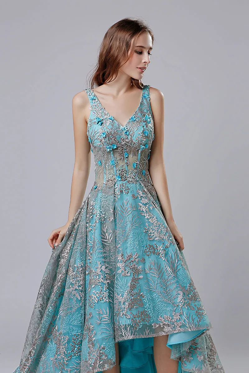 High Low Blue Floral Prom Dress Charming Party Dress