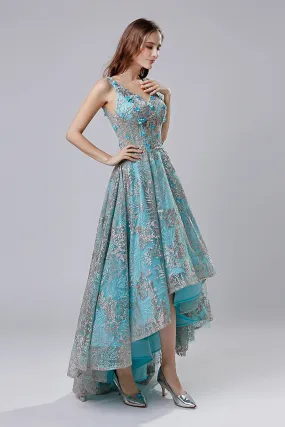 High Low Blue Floral Prom Dress Charming Party Dress