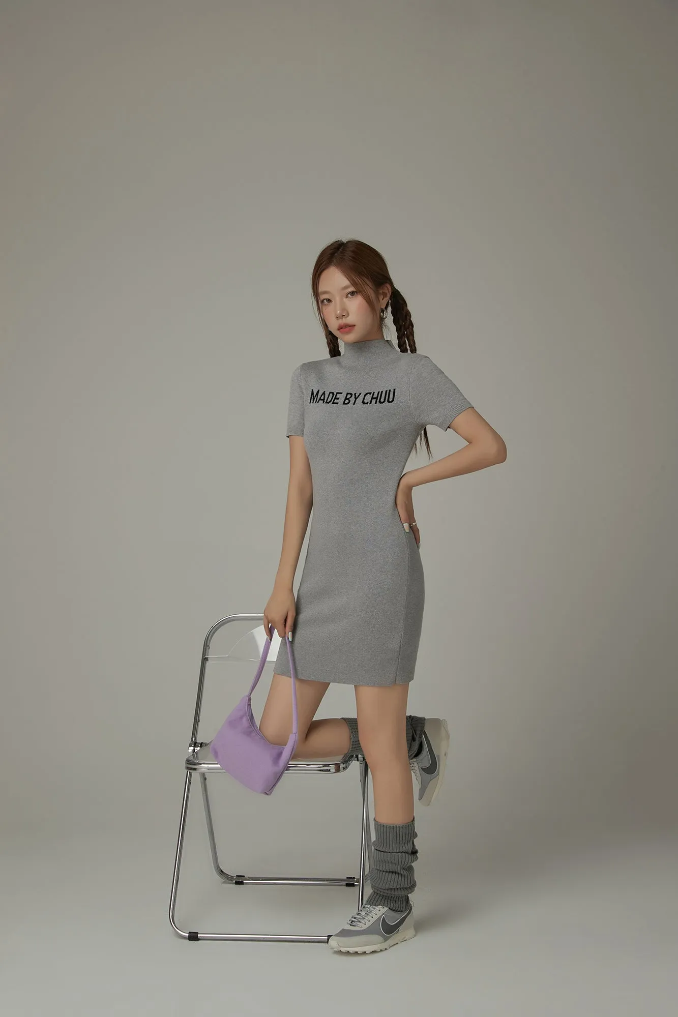 High Neck Logo Knit Mini Dress