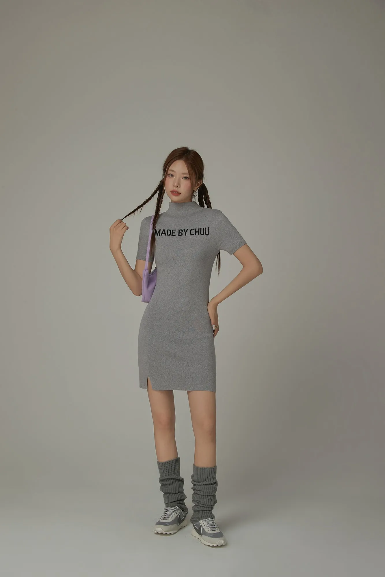 High Neck Logo Knit Mini Dress