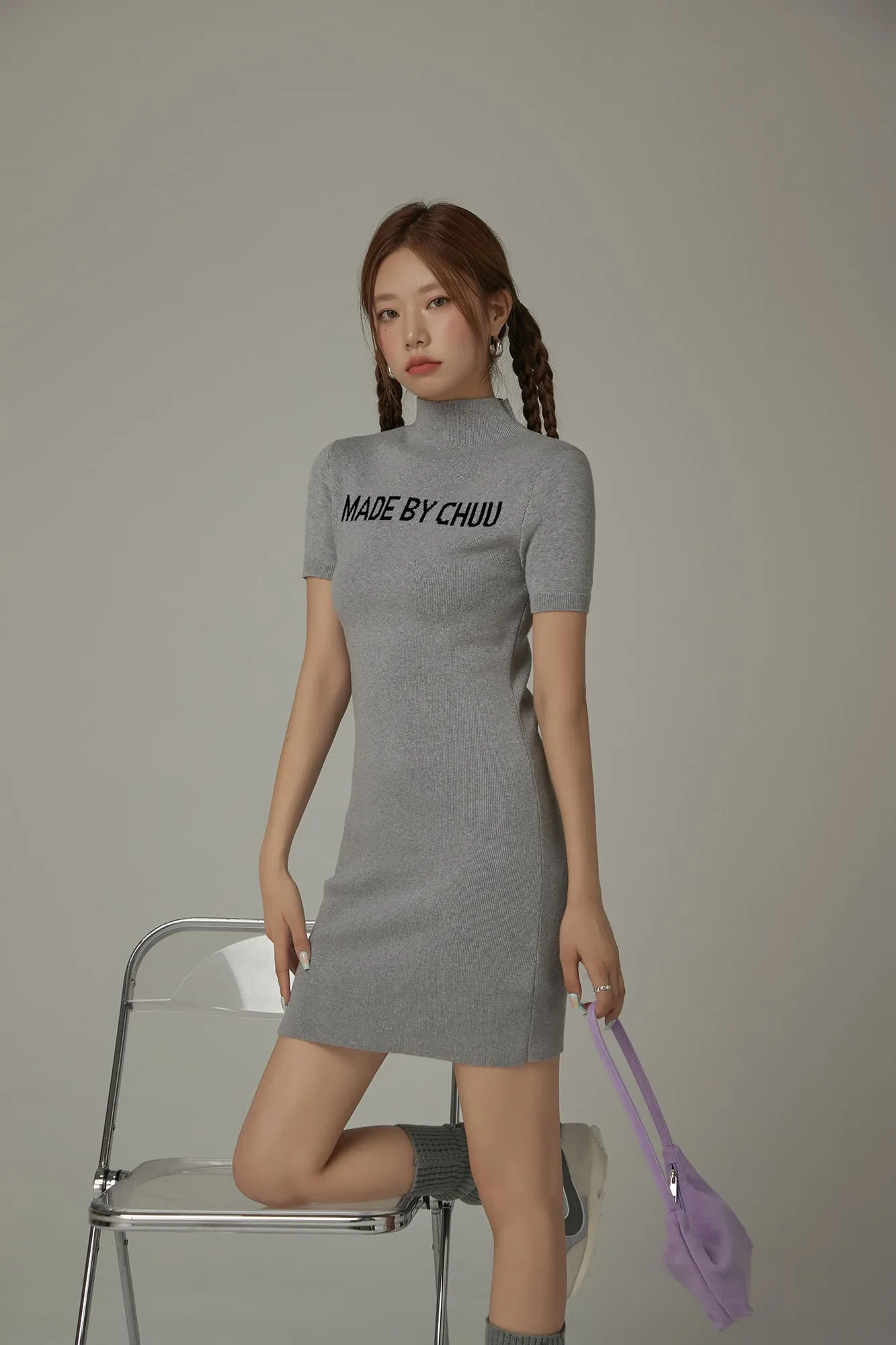 High Neck Logo Knit Mini Dress