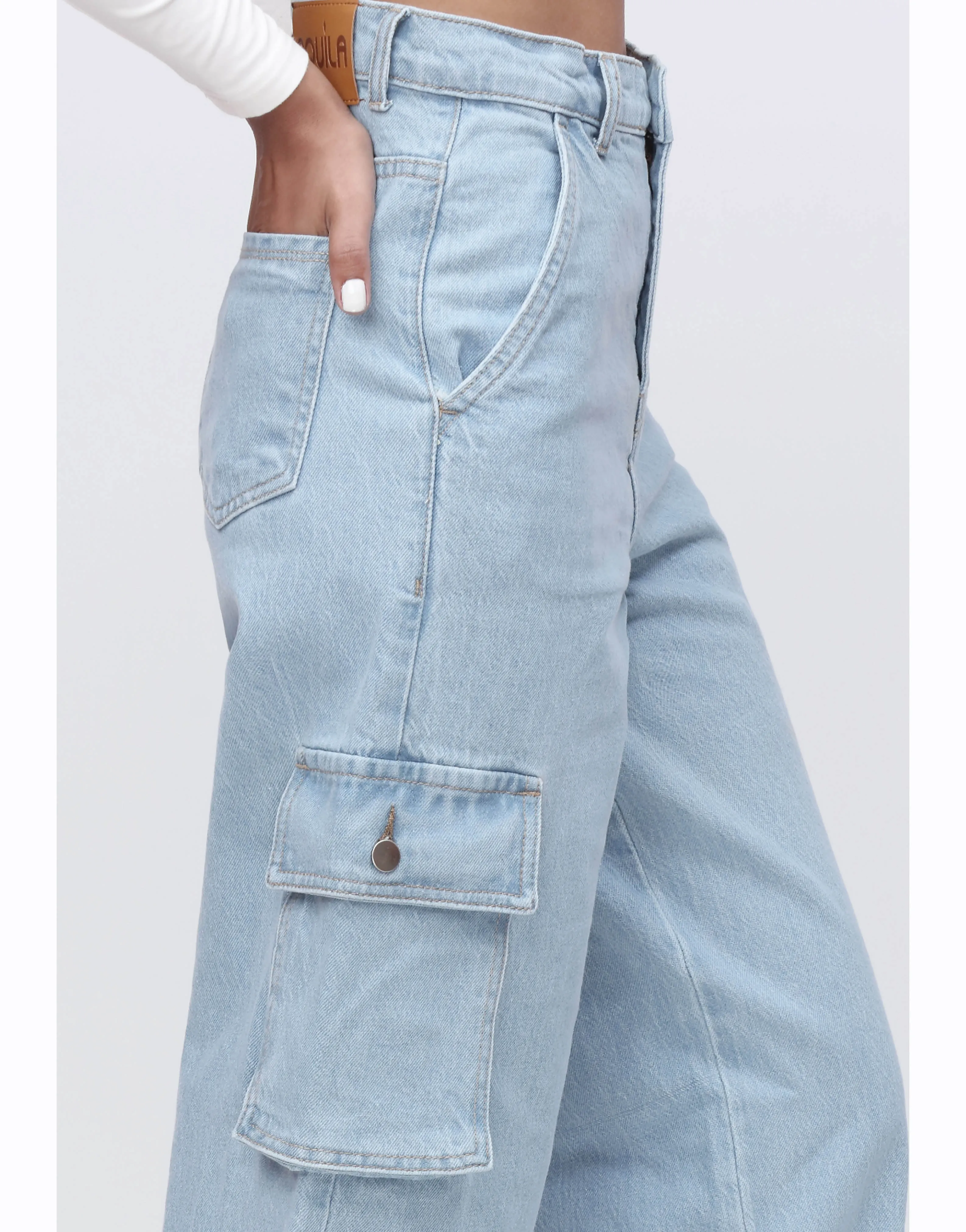 High Rise Wide Leg Cargo Jeans Light Wash