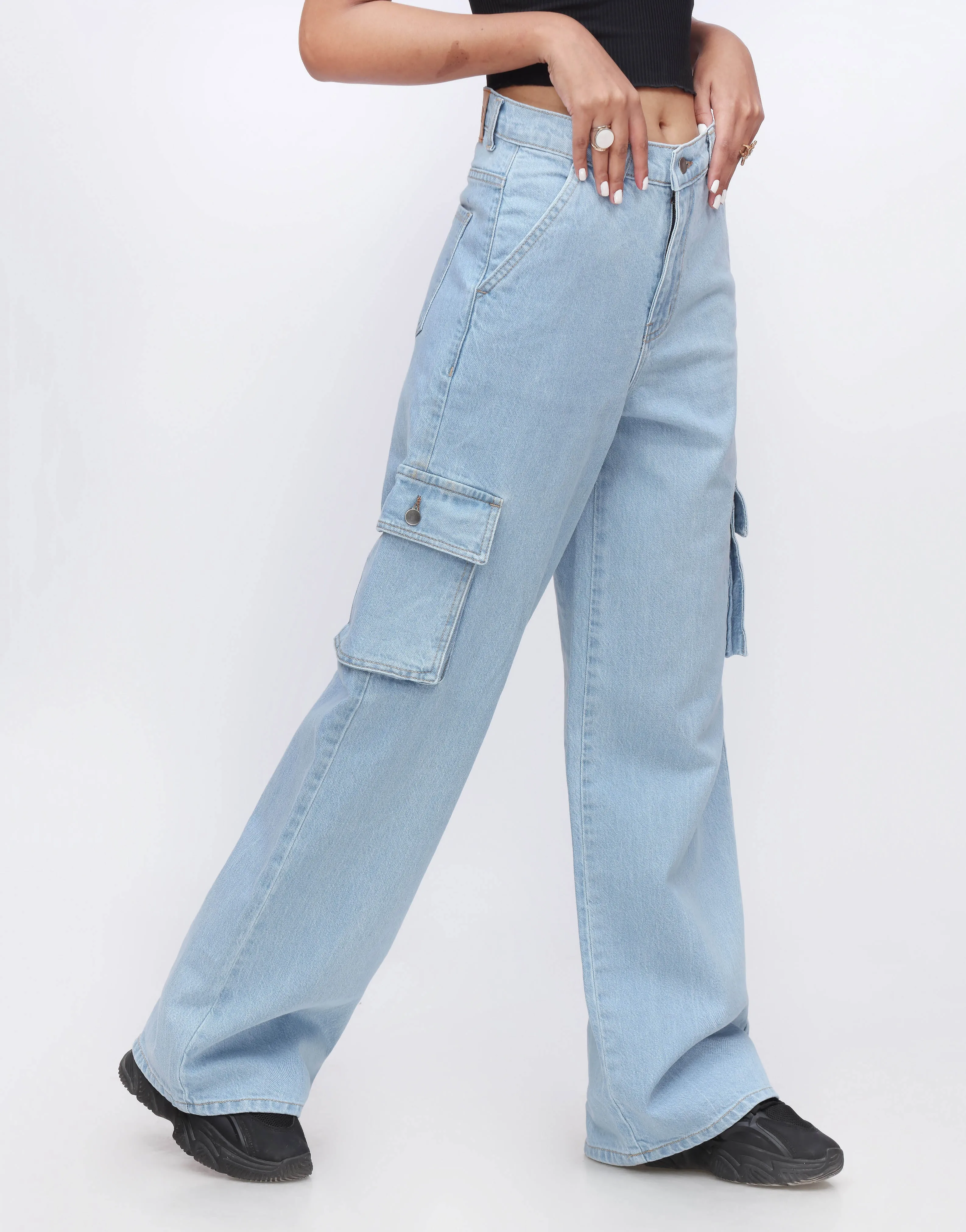 High Rise Wide Leg Cargo Jeans Light Wash