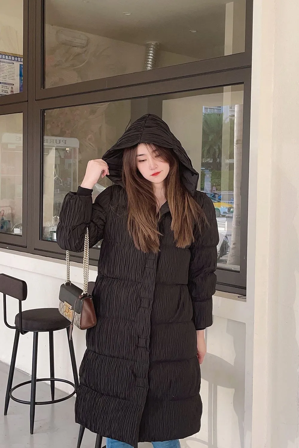 Hooded Pleated Long Down Puffer Coat