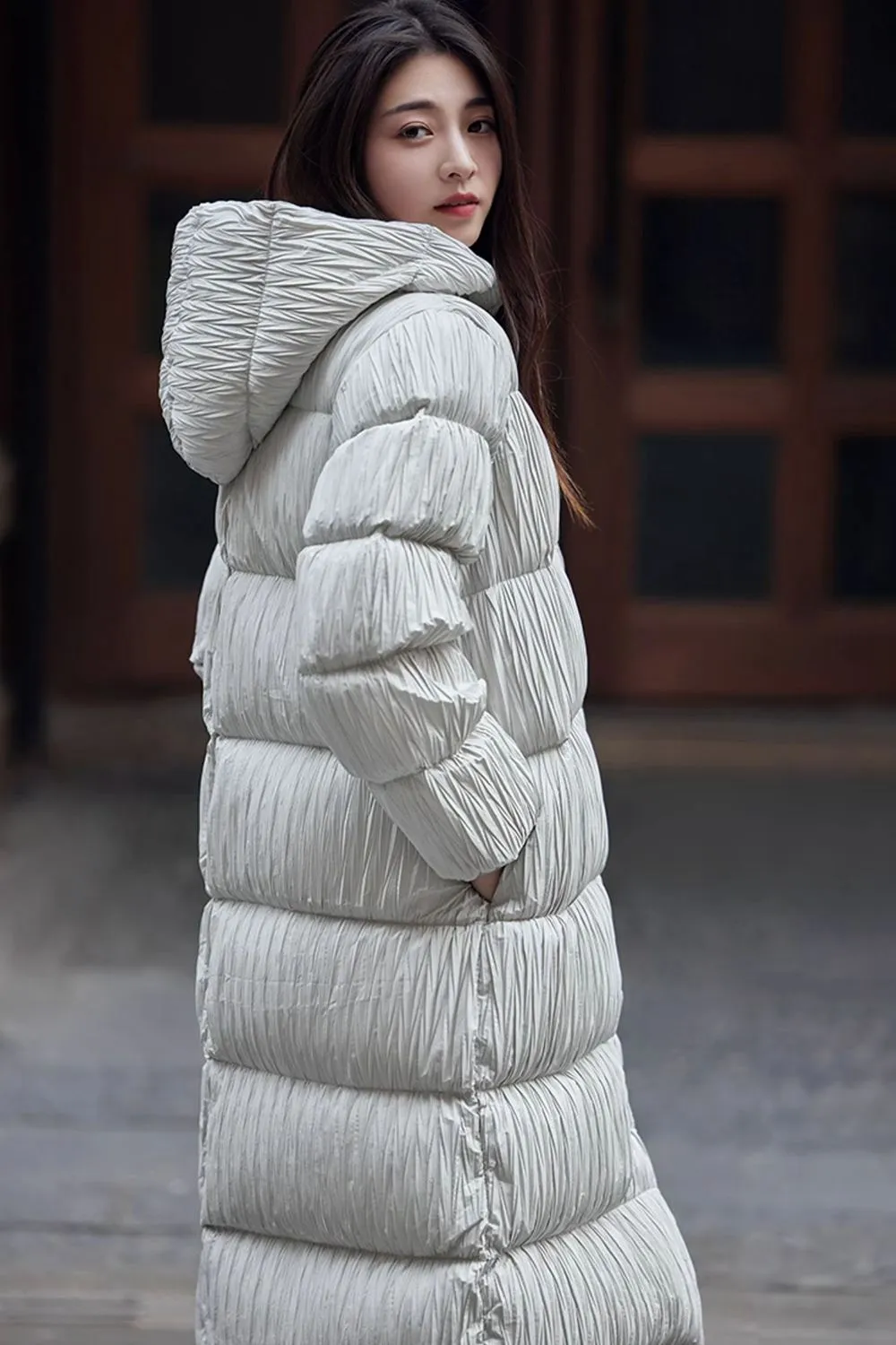 Hooded Pleated Long Down Puffer Coat