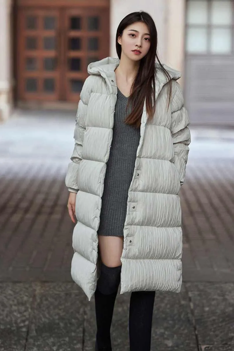 Hooded Pleated Long Down Puffer Coat