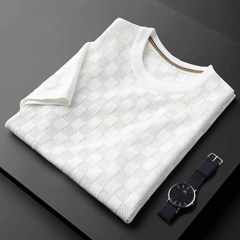 Jacquard Waffle Knitted Men's T-shirt Casual Half Sleeve.