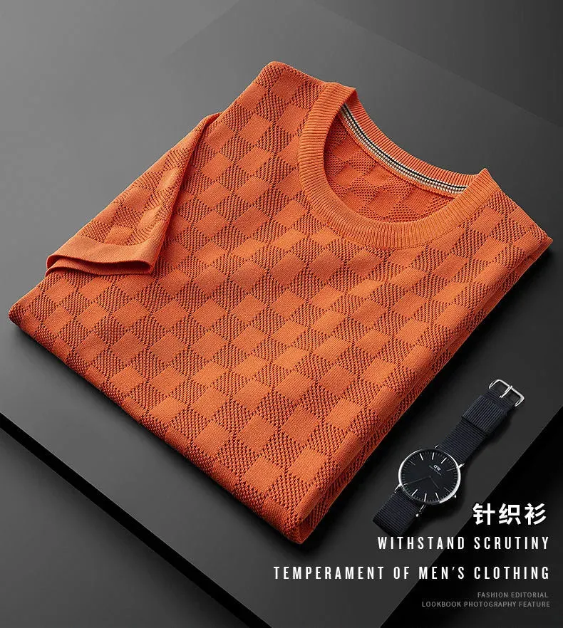 Jacquard Waffle Knitted Men's T-shirt Casual Half Sleeve.