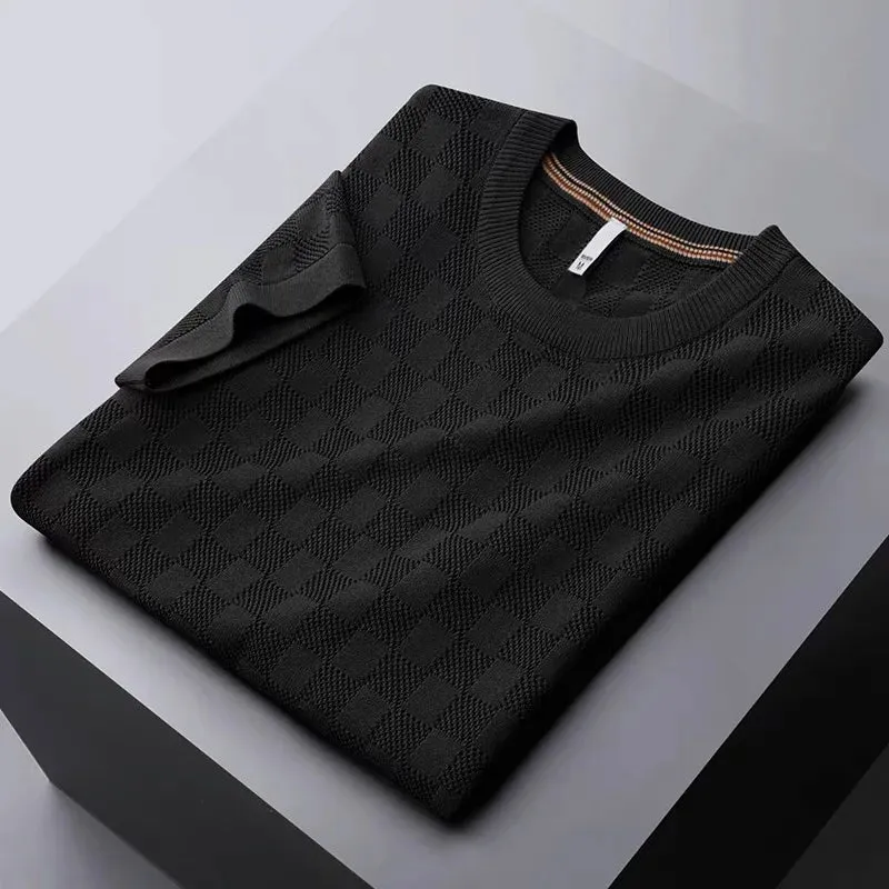 Jacquard Waffle Knitted Men's T-shirt Casual Half Sleeve.