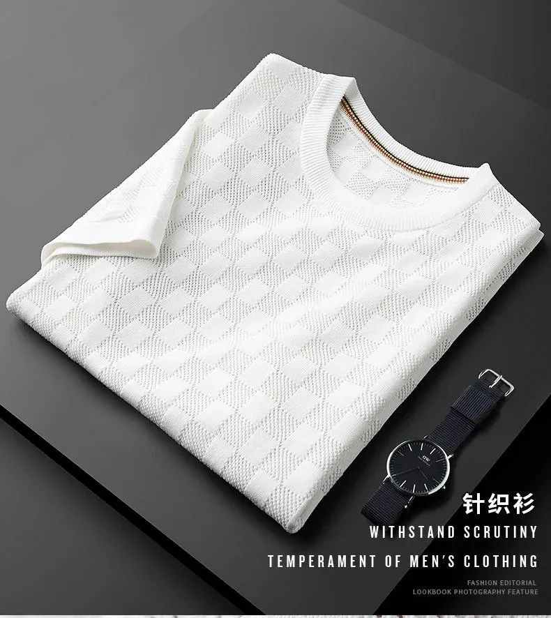 Jacquard Waffle Knitted Men's T-shirt Casual Half Sleeve.