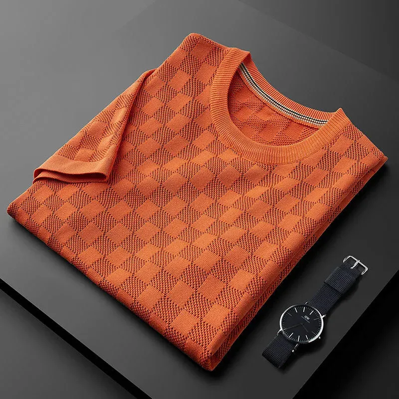 Jacquard Waffle Knitted Men's T-shirt Casual Half Sleeve.