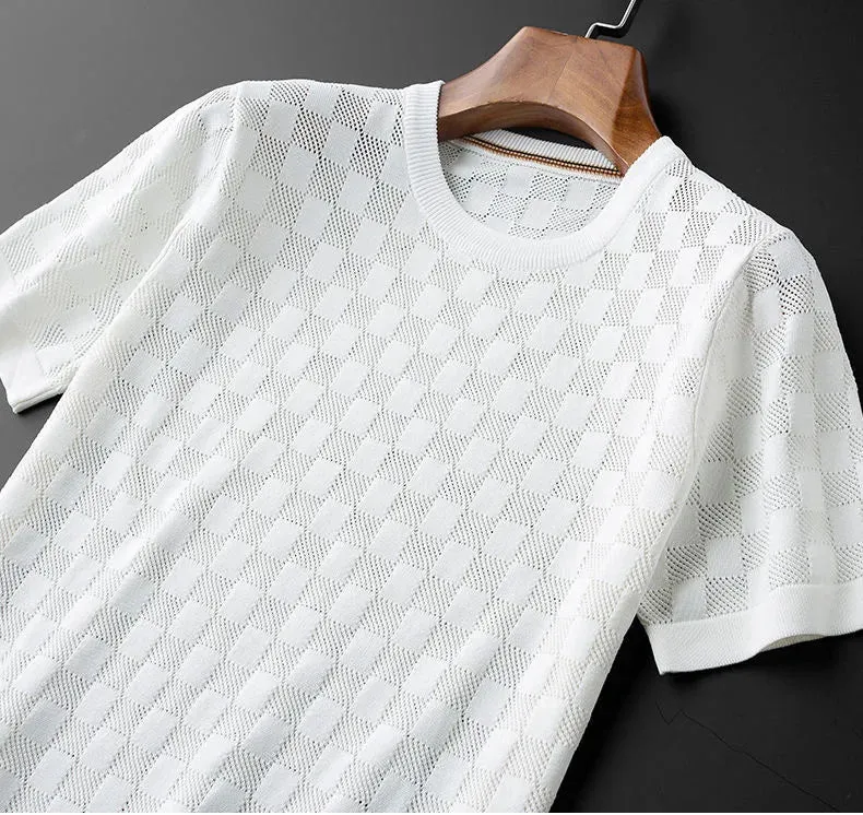 Jacquard Waffle Knitted Men's T-shirt Casual Half Sleeve.