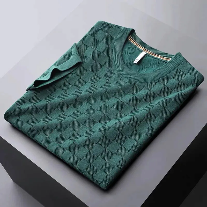 Jacquard Waffle Knitted Men's T-shirt Casual Half Sleeve.