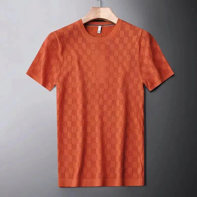 Jacquard Waffle Knitted Men's T-shirt Casual Half Sleeve.