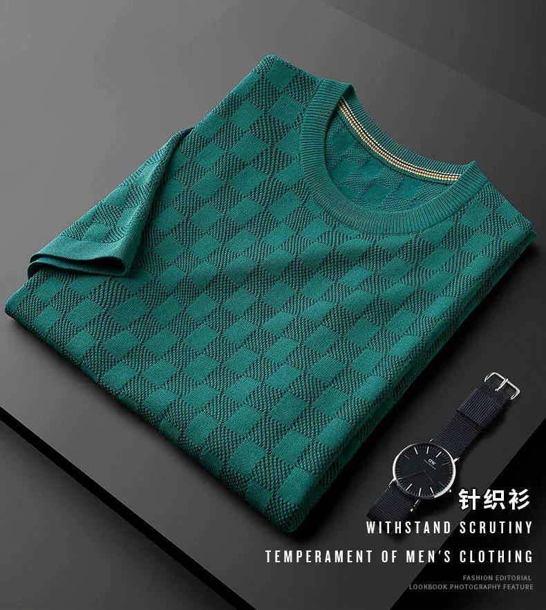 Jacquard Waffle Knitted Men's T-shirt Casual Half Sleeve.