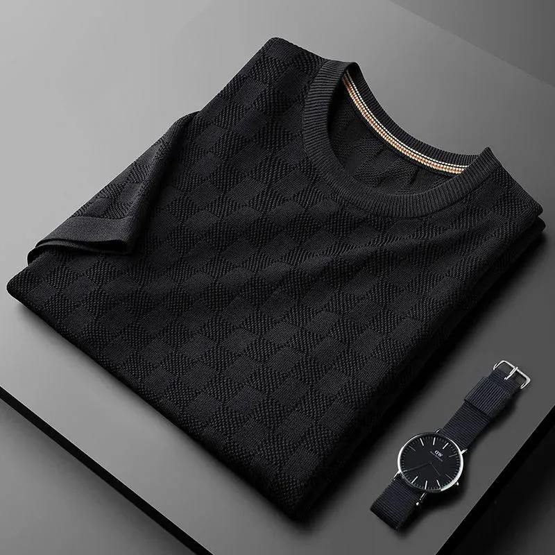 Jacquard Waffle Knitted Men's T-shirt Casual Half Sleeve.