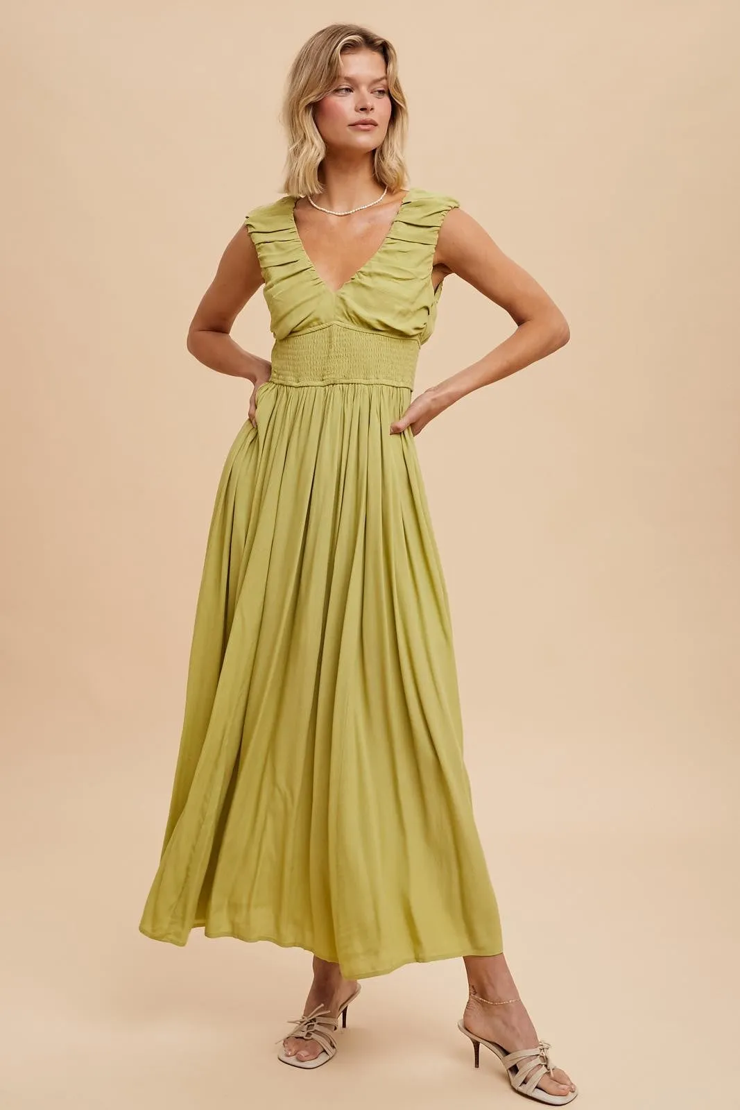 Janine Gathered V Neck Maxi Dress