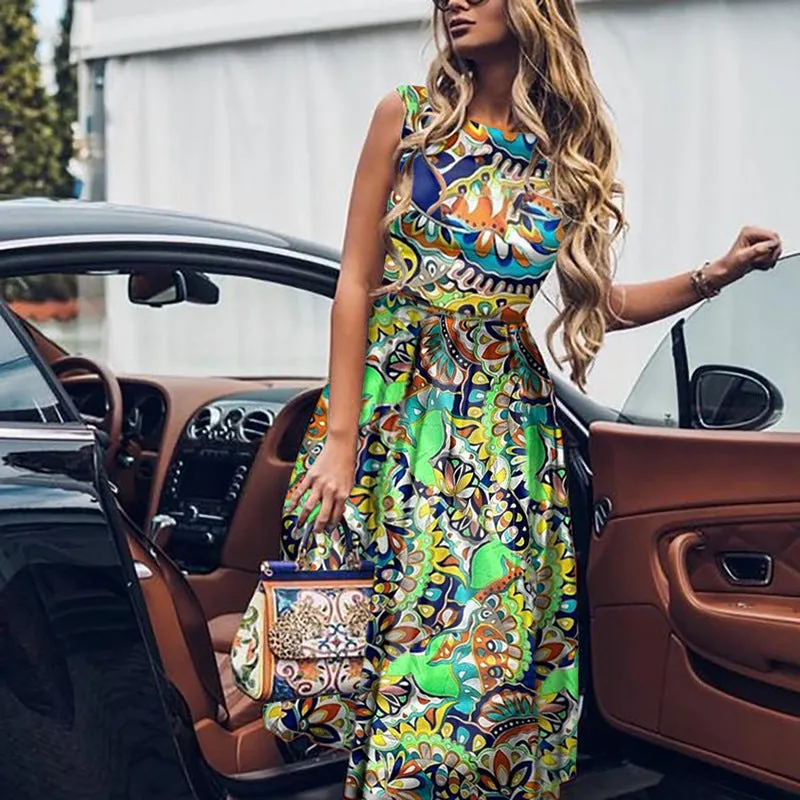 JuliaFashion - 2024 Vintage Print Dress Beach Holiday Bohemian Sleeveless Long Dress