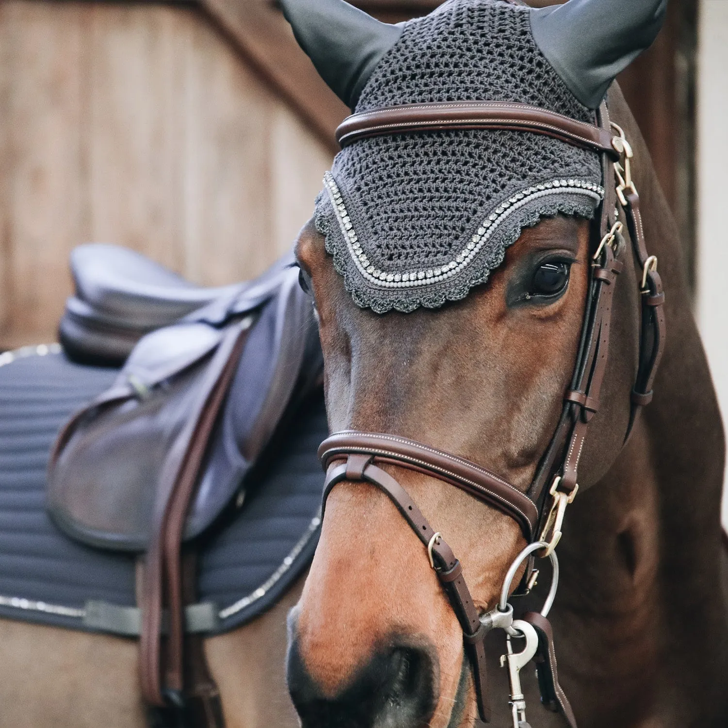 Kentucky Horsewear Wellington Stone and Pearl Fly Veil - Dark Grey