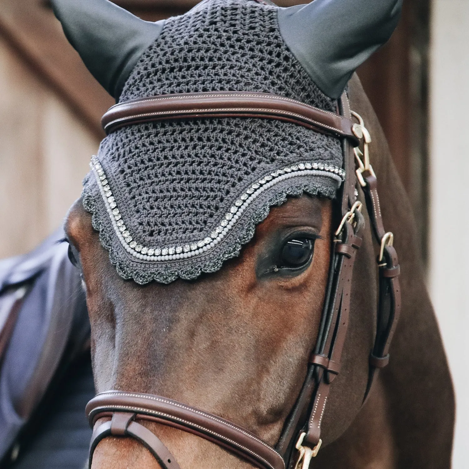 Kentucky Horsewear Wellington Stone and Pearl Fly Veil - Dark Grey