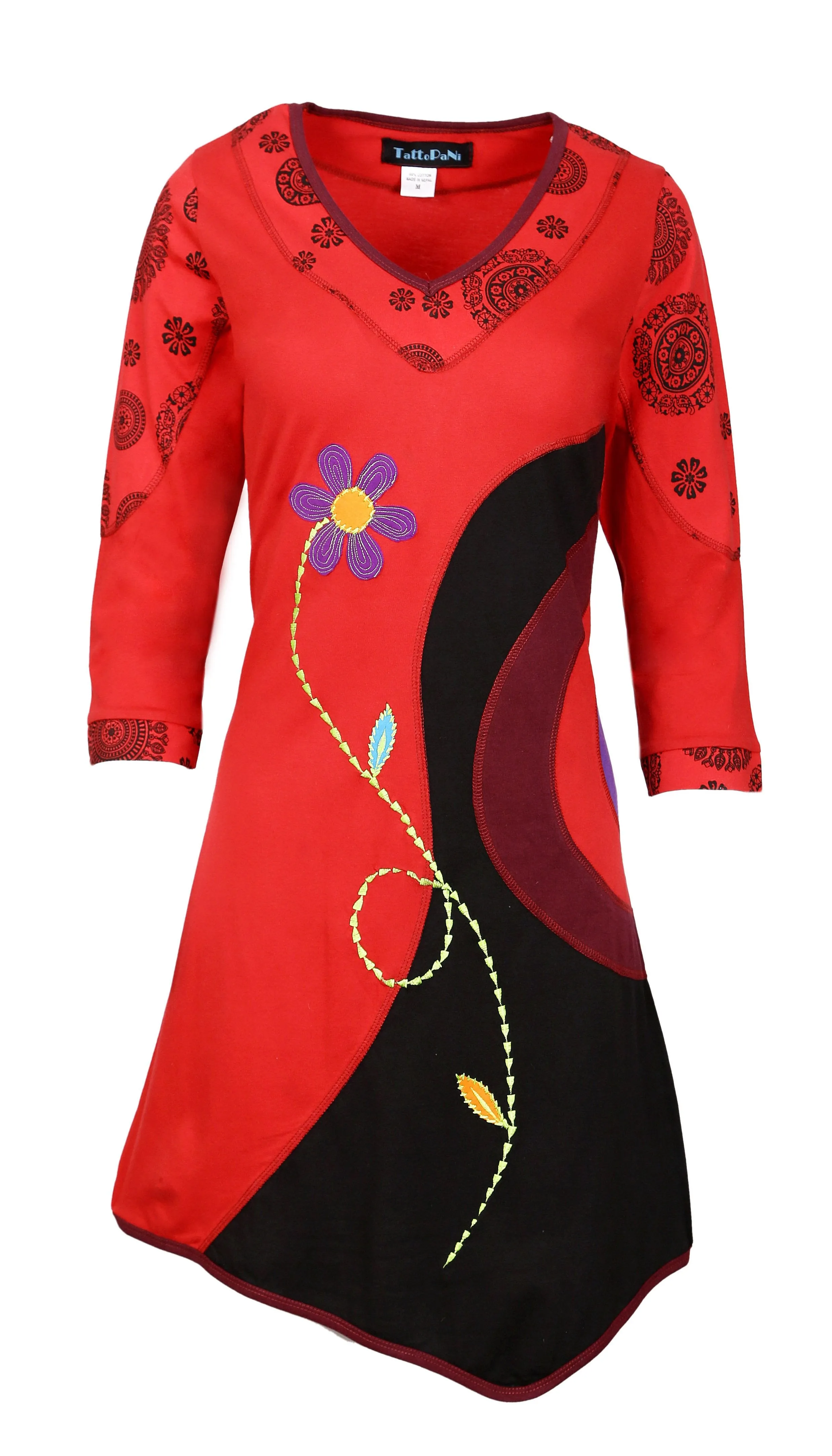 Ladies V-Neck 3/4 Sleeve Dress With Flower Embroidery