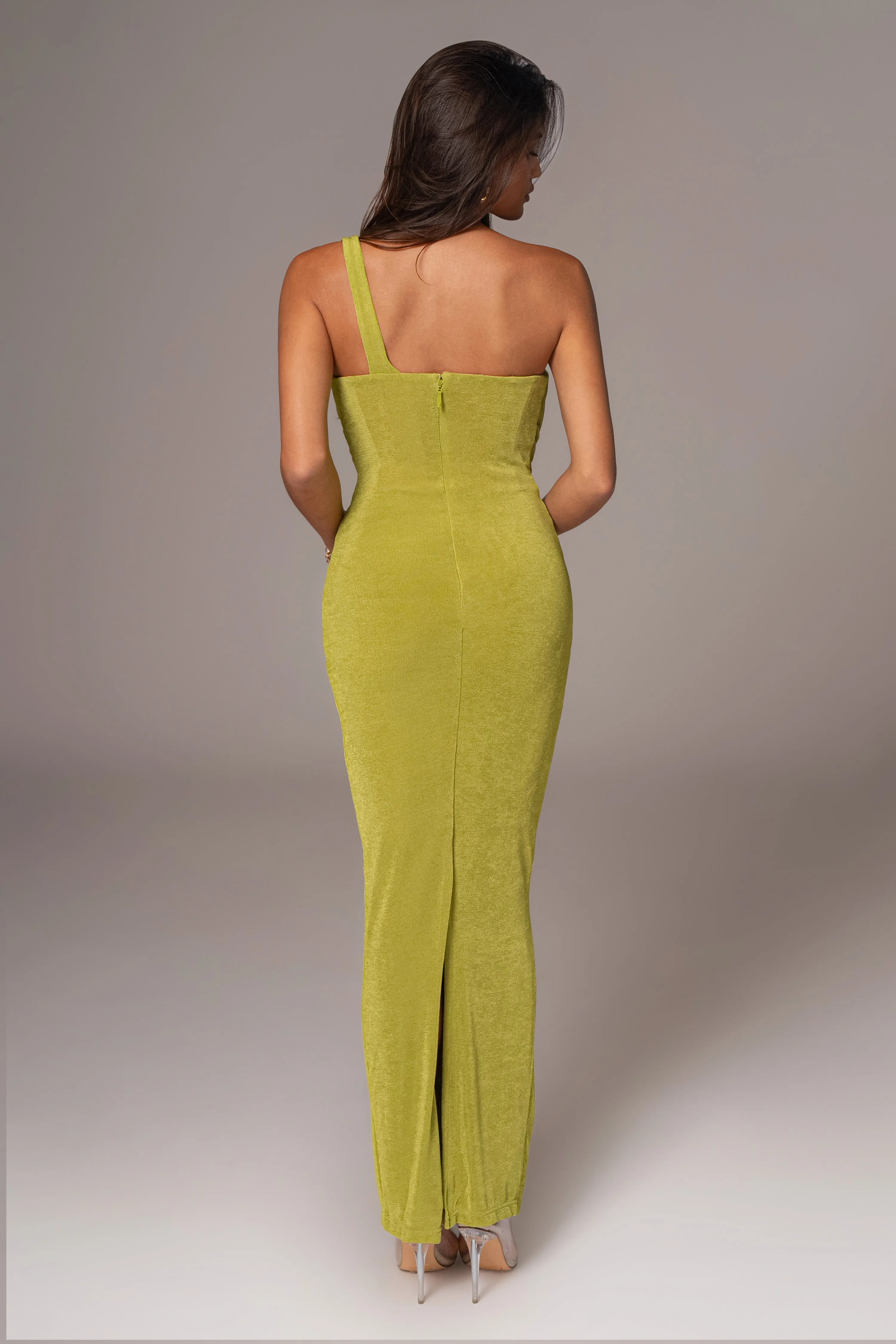 Lime Green Slinky Krishna One Shoulder Maxi Dress