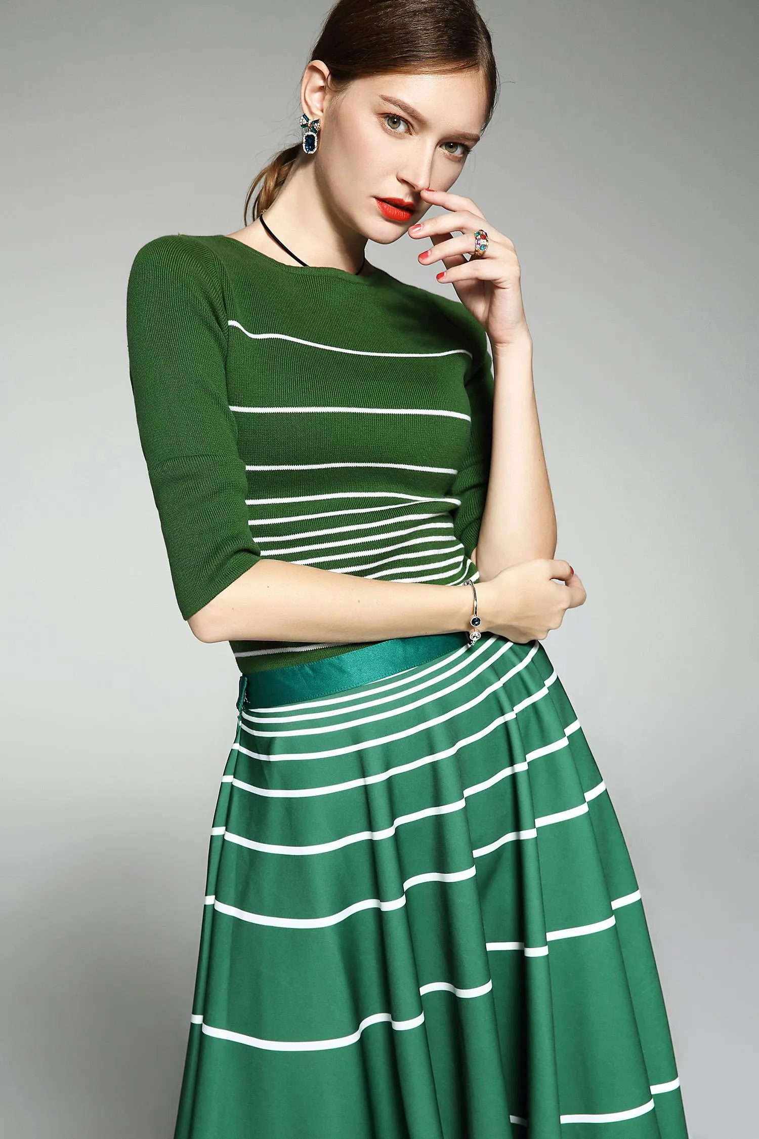 Limited autumn green stripe 1950 swing skirt Audrey Hepburn inspired  horizontal stripe skirt   knit top two piece- suit set -Amara