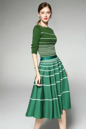 Limited autumn green stripe 1950 swing skirt Audrey Hepburn inspired  horizontal stripe skirt   knit top two piece- suit set -Amara